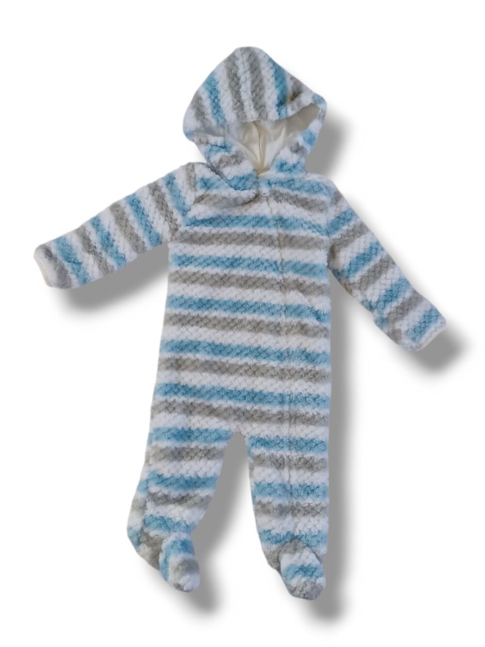 Little Beginnings Baby Infant Snowsuit Blue White Gray Plush Fleece Size 6-9 mo.